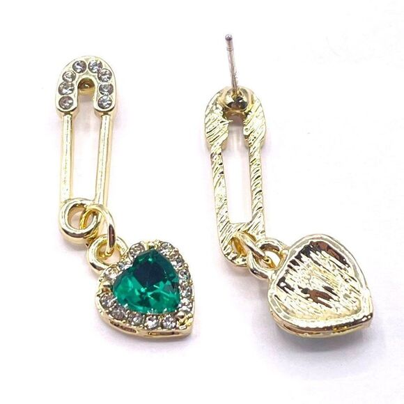 Yellow Gold with Green and White Crystal Safety Pin and Heart Post Back Earrings - Picture 4 of 7
